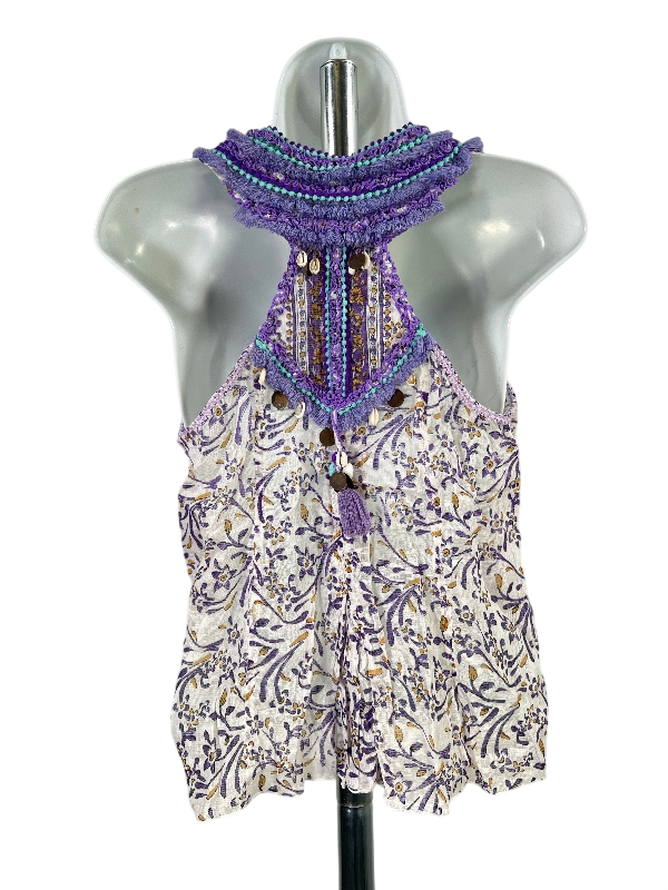 Poupette St Barth Women's Purple Semi-Sheer Floral Fringe Trim Tank Top - XS image 2