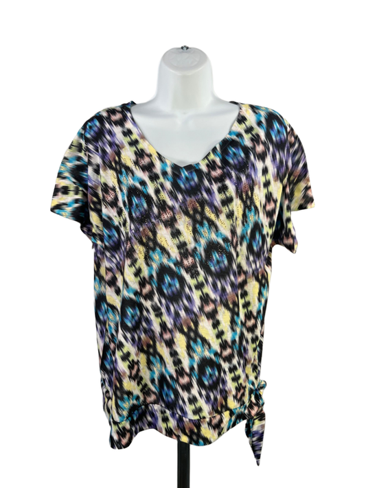 Chico's Women's Multicolor Embellished V Neck Short Sleeve Shirt - 2/US L