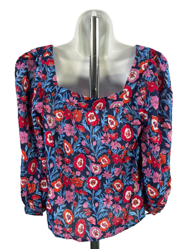 Vineyard Vines Women's Blue/Red Floral Square Neck Long Sleeve Blouse - XS image 2