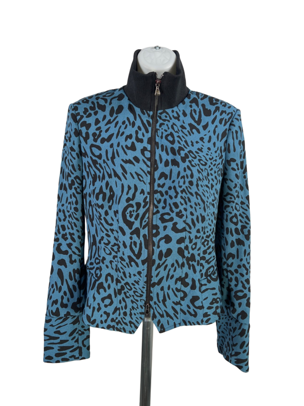 Anne Klein Women's Blue/Black Animal Print Full Zip Peplum Jacket - 4