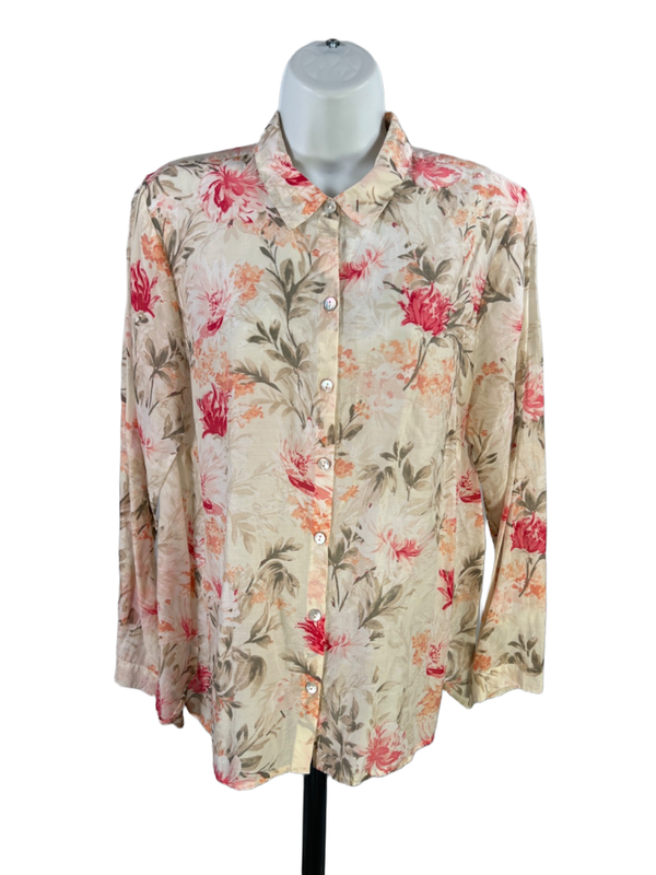 J Jill Women's Beige Floral Sheer Long Sleeve Button Up Shirt - M Petite