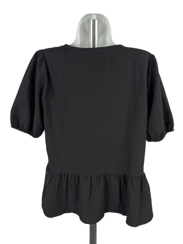 Nine West Women's Black V-Neck Short Sleeve Textured Peplum Blouse - M image 2