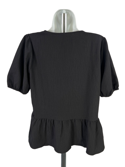 Nine West Women's Black V-Neck Short Sleeve Textured Peplum Blouse - M image 2