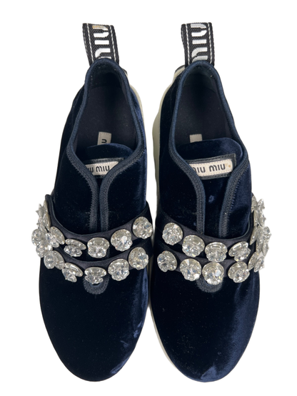 Miu Miu Women's Blue Velvet Crystal Accent Platform Loafers - 39/US 8.5 image 3