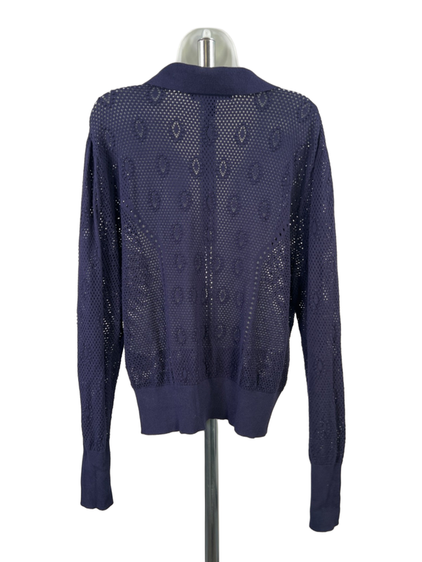 White House Black Market Women's Blue Open Knit Long Sleeve V-Neck Sweater - L image 2