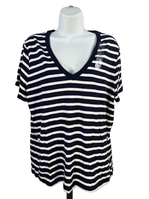GAP Women's Blue/White Striped V Neck Short Sleeve Shirt - XL