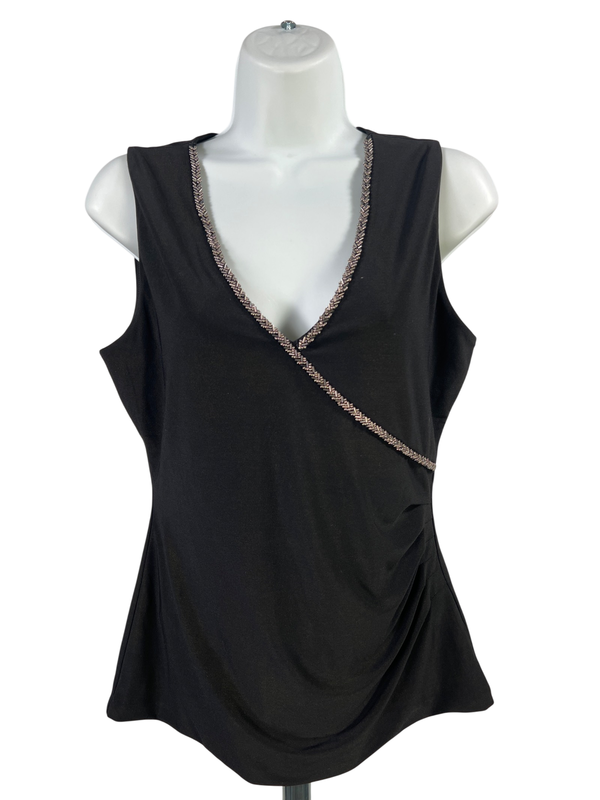 White House Black Market Women's Black Beaded V-Neck Tank Top Blouse - S