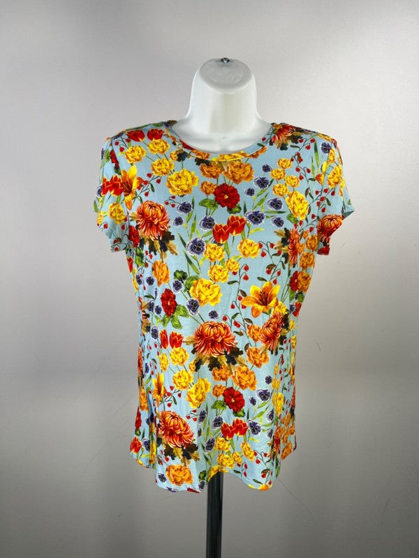 Elie Tahari Women's Blue/Orange Floral Short Cap Sleeve Tee Shirt - S Petite image 4