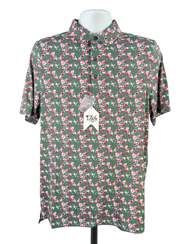 1764 Signature Men's Green/Pink Floral Enola Short Sleeve Polo Golf Shirt - M