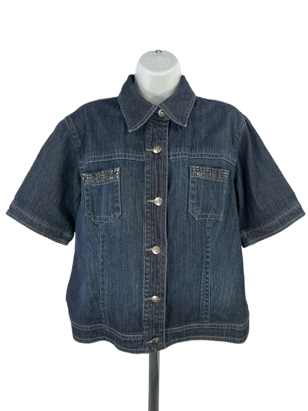 Chico's Platinum Women's Dark Wash Short Sleeve Button Up Jean Jacket - 2/US L