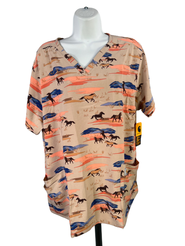 Carhartt Womens Beige Force Cross Flex Modern Fit Horse Print Scrub Top - XL