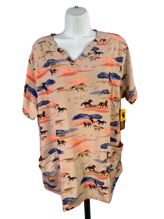 Carhartt Womens Beige Force Cross Flex Modern Fit Horse Print Scrub Top - XL
