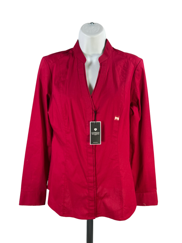 Express Women's Red Original Essential V Neck Long Sleeve Button Up Blouse - M