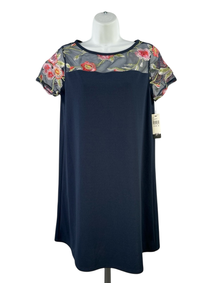 AGB Women's Navy Blue Embroidered Floral Shift Dress - 6