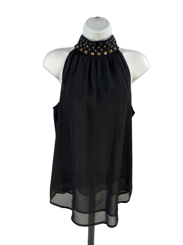 Kenneth Cole Women's Black Studded Neck Sleeveless Semi-Sheer Blouse - 4