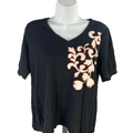 Chico's Women's Black Linen Embroidered Embellished Short Sleeve Shirt - M