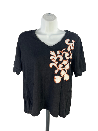 Chico's Women's Black Linen Embroidered Embellished Short Sleeve Shirt - M