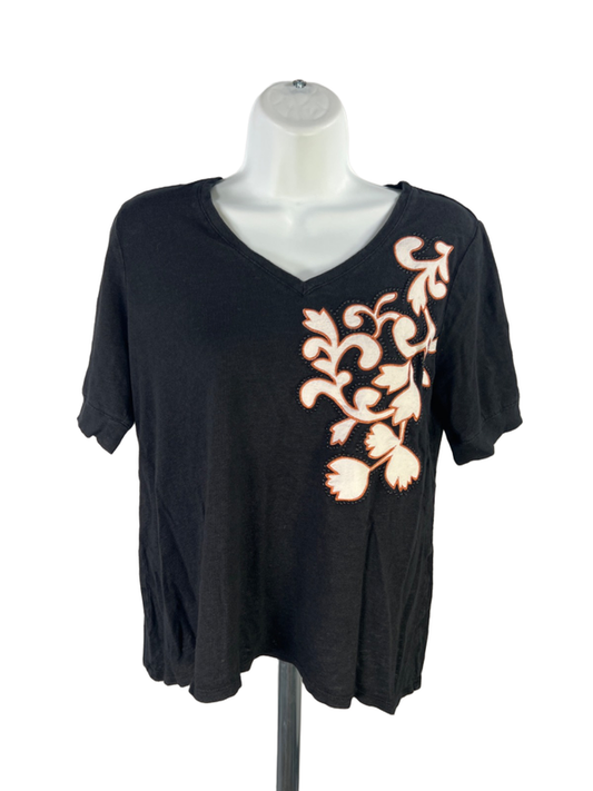 Chico's Women's Black Linen Embroidered Embellished Short Sleeve Shirt - M