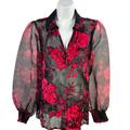 White House Black Market Women's Black/Pink Mesh Long Balloon Sleeve Blouse - M