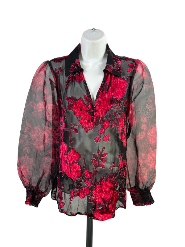 White House Black Market Women's Black/Pink Mesh Long Balloon Sleeve Blouse - M