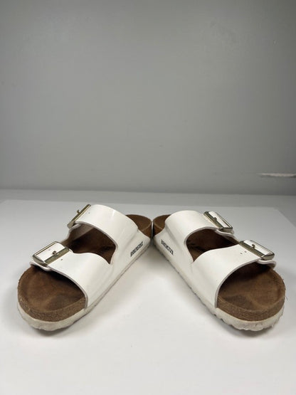 Birkenstock Women's White Arizona Birko-Flor Patent Sandals - 38/US 7-7.5 Narrow image 6