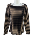J Crew Women's Black/Tan Metallic Striped Boat Neck Long Sleeve Shirt - M