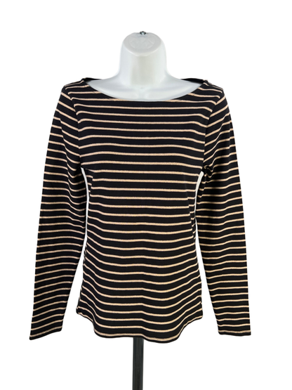 J Crew Women's Black/Tan Metallic Striped Boat Neck Long Sleeve Shirt - M
