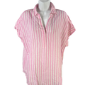 Lola River Women's White/Pink Miley Striped V Neck Cuff Short Sleeve Shirt - L