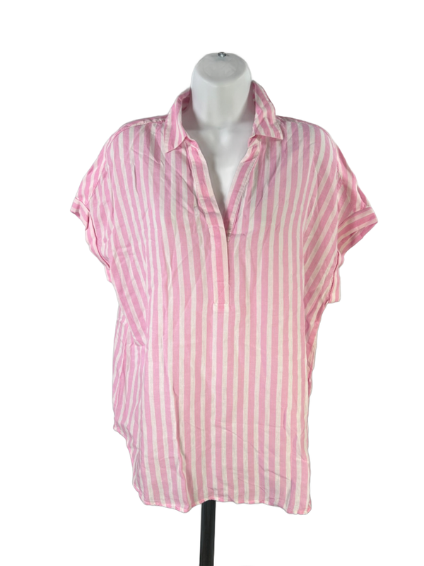 Lola River Women's White/Pink Miley Striped V Neck Cuff Short Sleeve Shirt - L