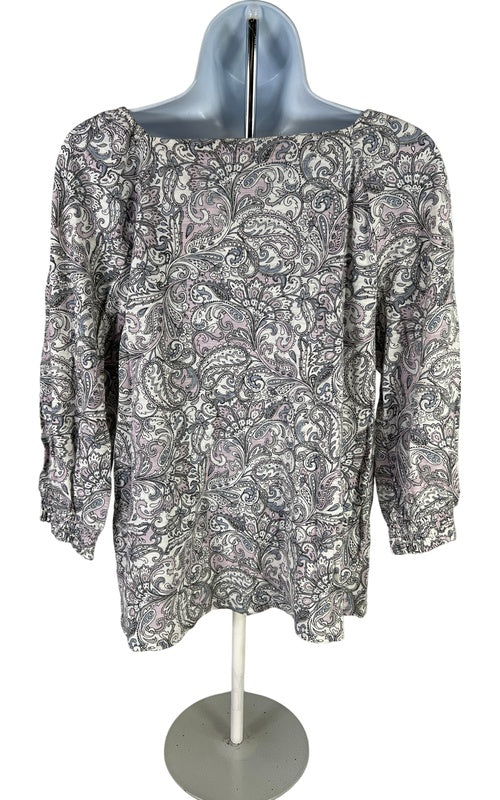 J.Jill Women’s Gray/White Paisley 3/4 Sleeve Smocked Square Neck Shirt - XS image 3