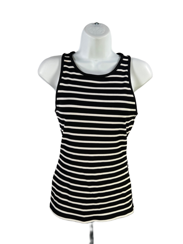 White House Black Market Women's Black/White Striped Ribbed Tank Top - S