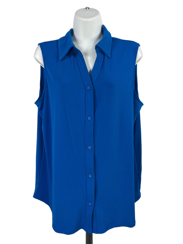 Adrianna Papell Women's Blue V Neck Button Up Sleeveless Blouse - L