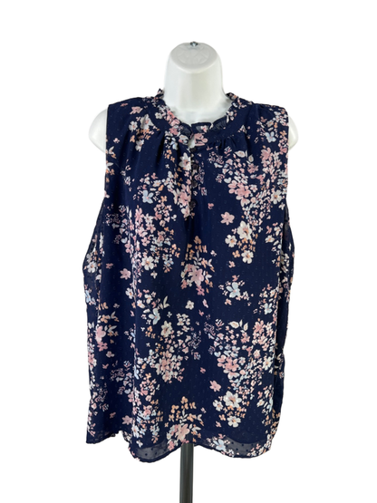Gibsonlook Women's Blue Floral Textured Ruffle Trim Sleeveless Blouse - XXL