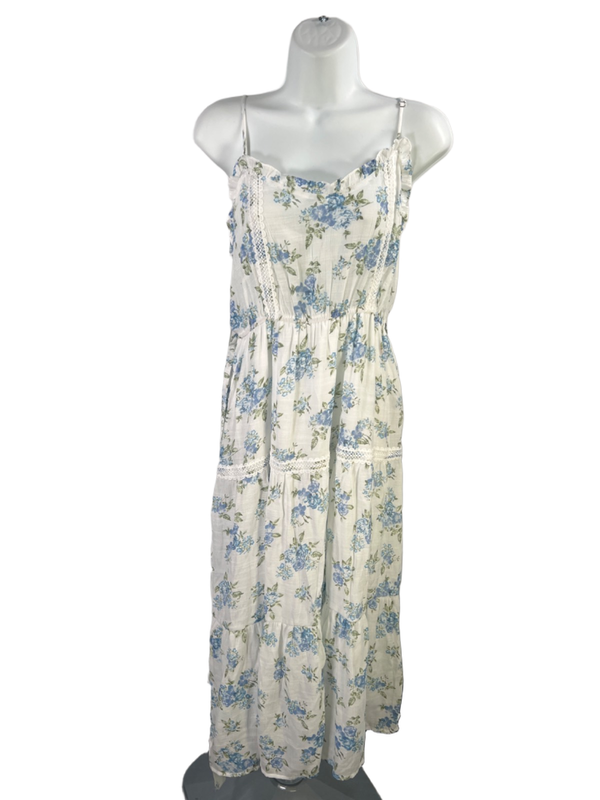 Mine Women's White/Blue Floral A-Line Tiered Lace Sleeveless Maxi Dress - M