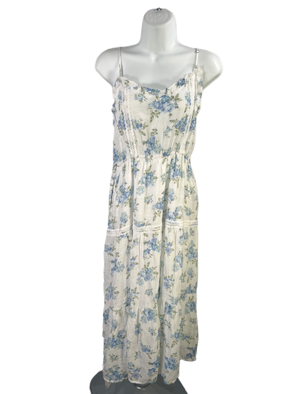 Mine Women's White/Blue Floral A-Line Tiered Lace Sleeveless Maxi Dress - M