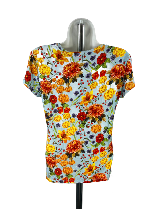Elie Tahari Women's Blue/Orange Floral Short Cap Sleeve Tee Shirt - S Petite image 2
