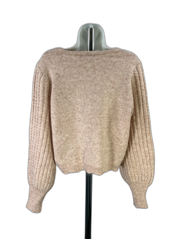 Frye Women's Beige Cable Knit V Neck Balloon Long Sleeve Sweater - M image 2