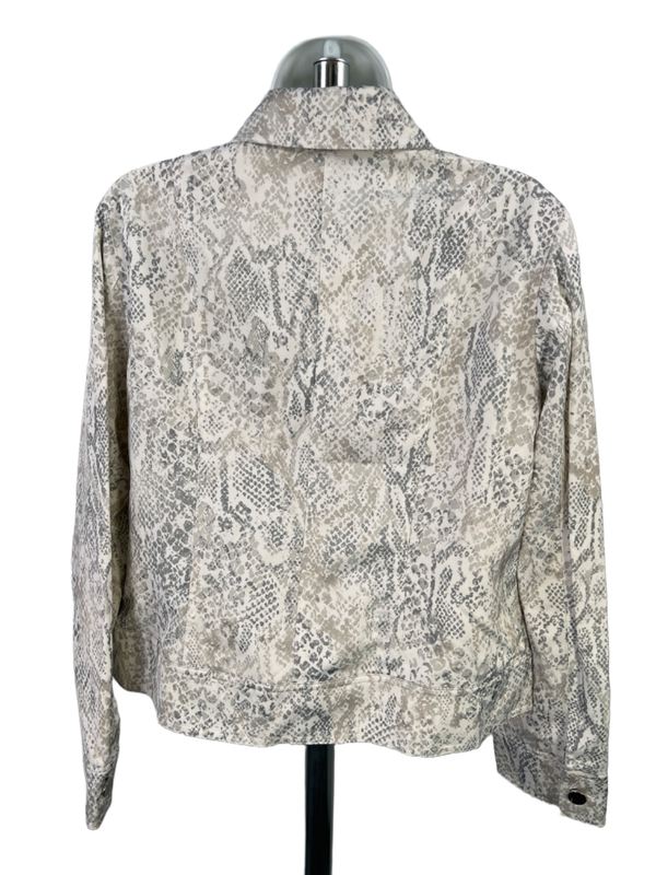 Chico's Women's Ivory/Gray Python Print 3/4 Sleeve Satin Jean Jacket - 1/US 8 image 2