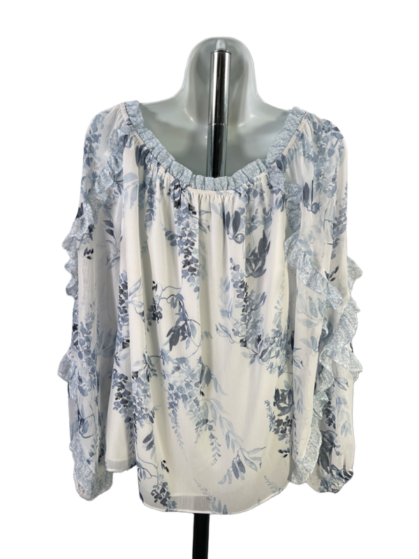 White House Black Market Women's Blue/White Floral Long Sleeve Blouse - L image 2