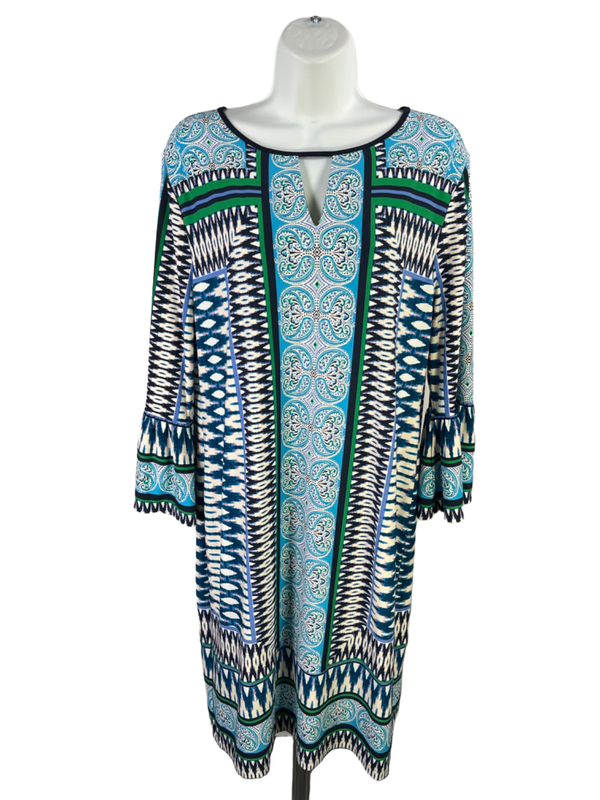 Chico's Women's Blue/Green Paisley Keyhole 3/4 Bell Sleeve Midi Dress - 2/US 12
