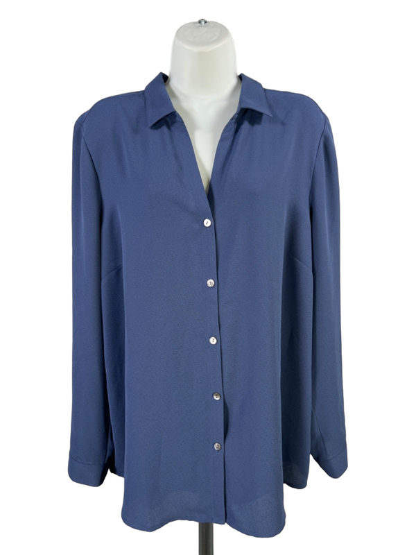 J Jill Women's Blue Textured V Neck Hi-Low Long Sleeve Button Up Blouse - L