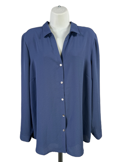 J Jill Women's Blue Textured V Neck Hi-Low Long Sleeve Button Up Blouse - L