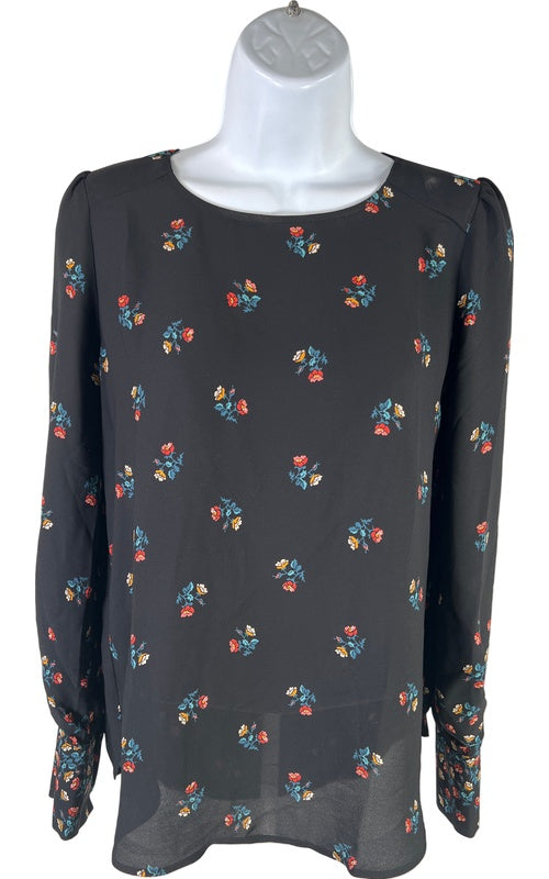 NEW LOFT Women’s Black Floral Semi Sheer Long Sleeve Blouse - XXS image 2