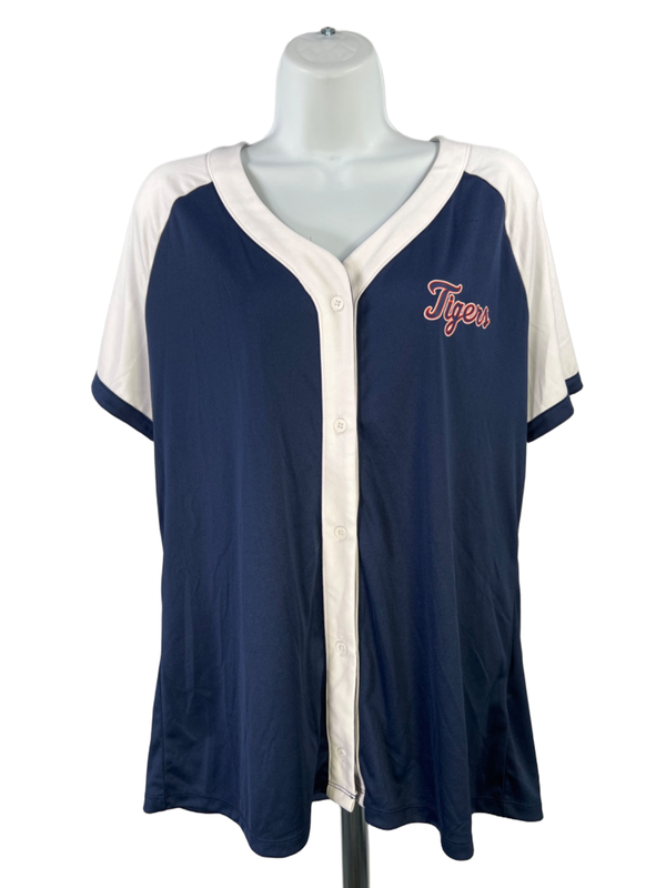 Genuine Merchandise Womens Blue Detroit Tigers Short Sleeve Button Up Shirt - L
