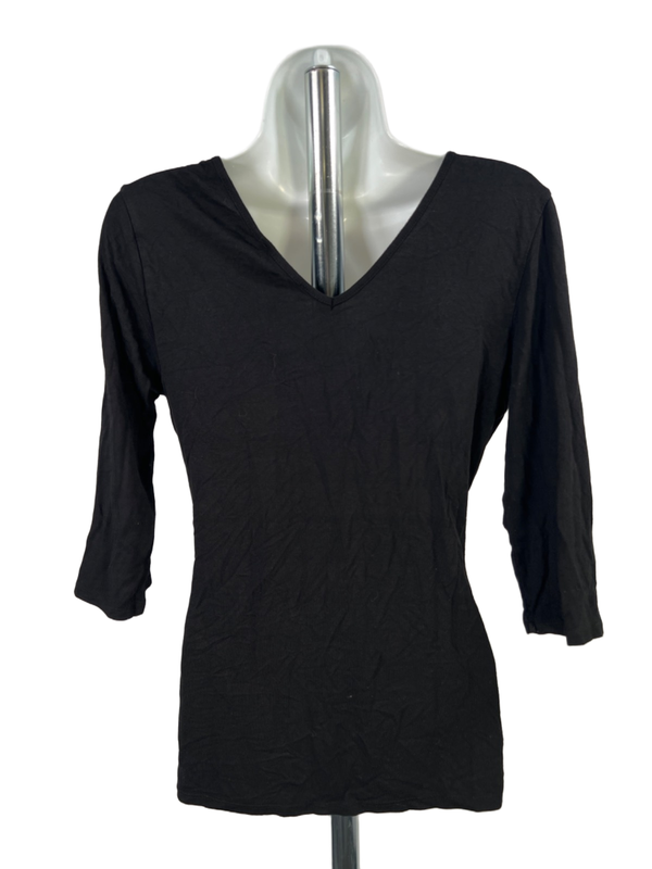 White House Black Market Women's Black Faux Front Wrap Elbow Sleeve Blouse - M image 2