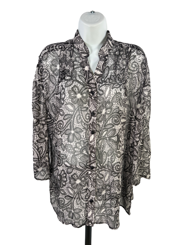 Coldwater Creek Women's White/Black Sheer Long Sleeve Button Up Shirt - XL