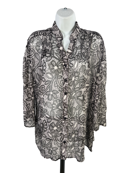 Coldwater Creek Women's White/Black Sheer Long Sleeve Button Up Shirt - XL