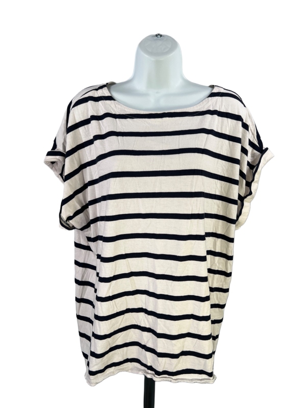 J Jill Women's White/Blue Striped Short Cuff Sleeve Blouse - XL