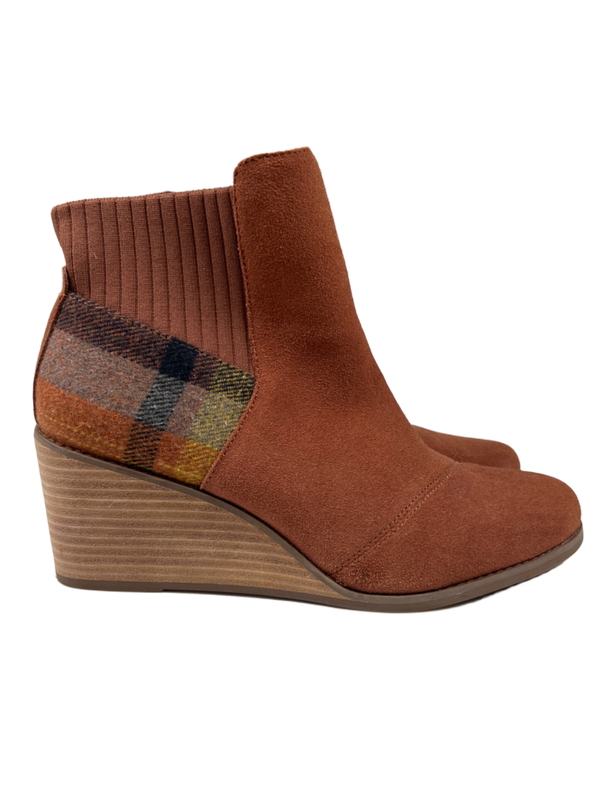 TOMS Women's Brown Suede Plaid Sadie Wedge Side Zip Ankle Booties - 9.5