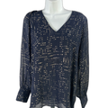 Ann Taylor Women's Blue/Gold Metallic Long Sleeve Semi-Sheer Blouse - S